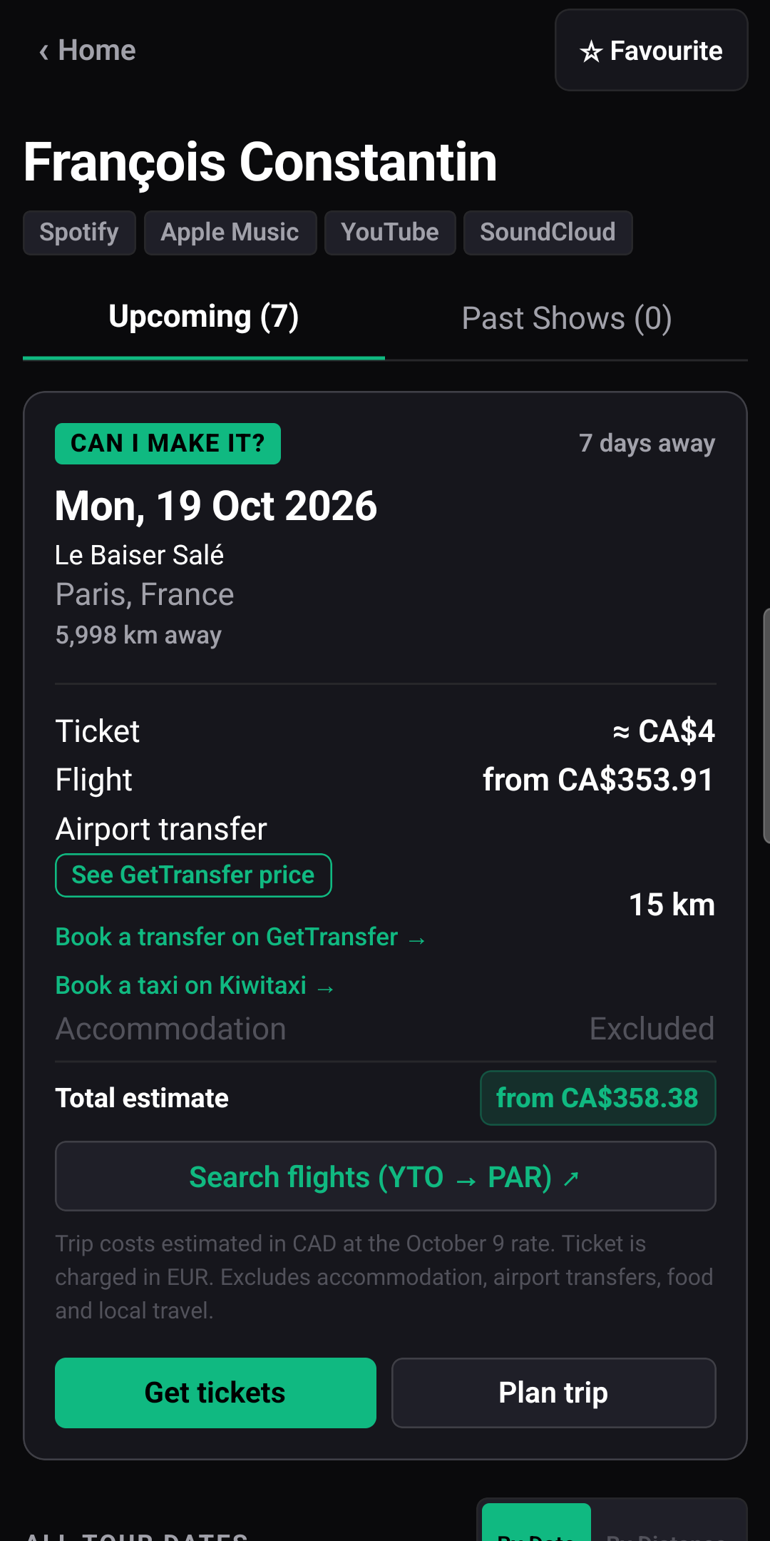 The Live it UP trip card for Fran&ccedil;ois Constantin at Le Baiser Sal&eacute; in Paris: ticket approximately CA$4, flight from CA$353.91, airport transfer 15 km, accommodation excluded, total estimate from CA$358.38