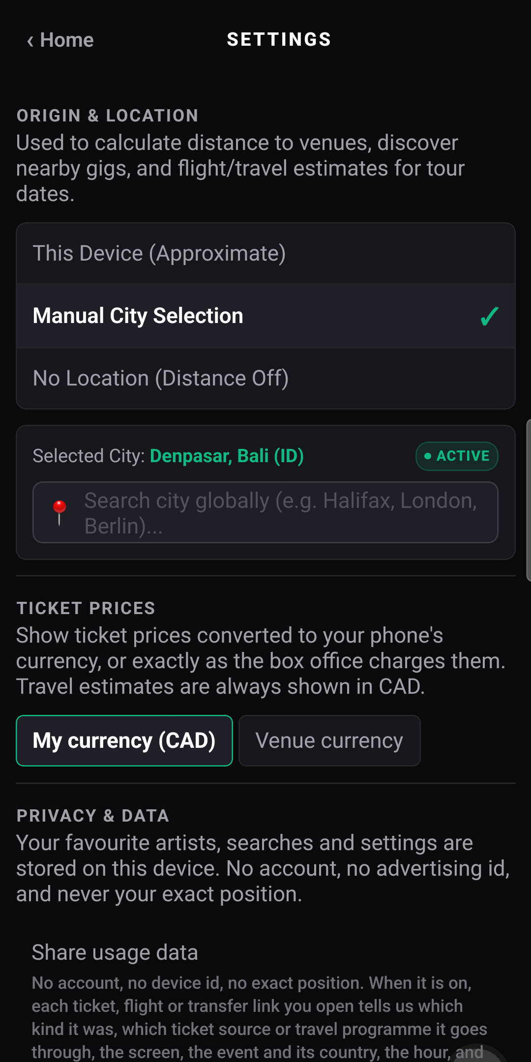 Settings with Manual City Selection chosen, the city Denpasar, Bali, and ticket prices set to my currency (CAD)
